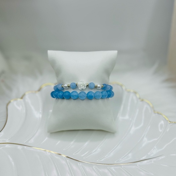 Aqua Marine Flower Beaded Bracelet - Picture 2 of 6